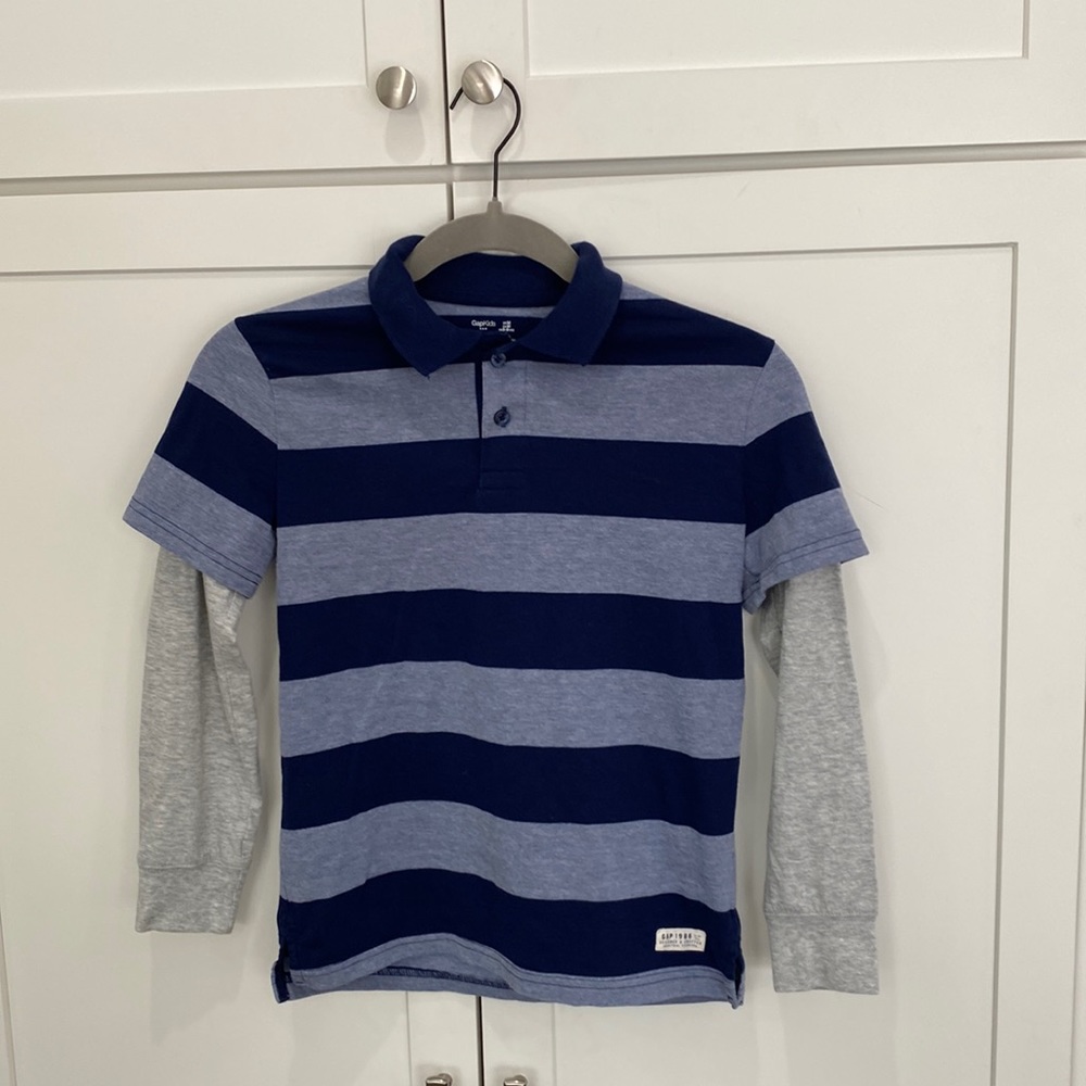 Blue and grey polo shirt with long sleeves
